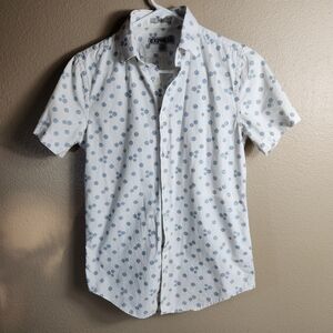 Express Womens |XS| White/Navy Polka Dot Fitted Short Sleeve Buttonfront Shirt